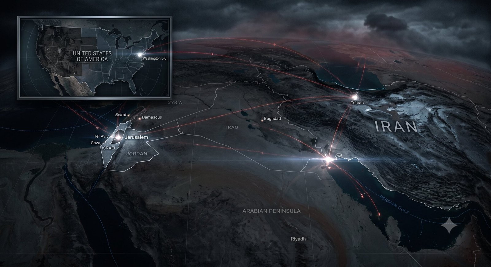 Dark editorial featured image showing the Middle East map with Iran, Israel, and the United States highlighted to symbolize wartime leadership psychology and geopolitical tension.